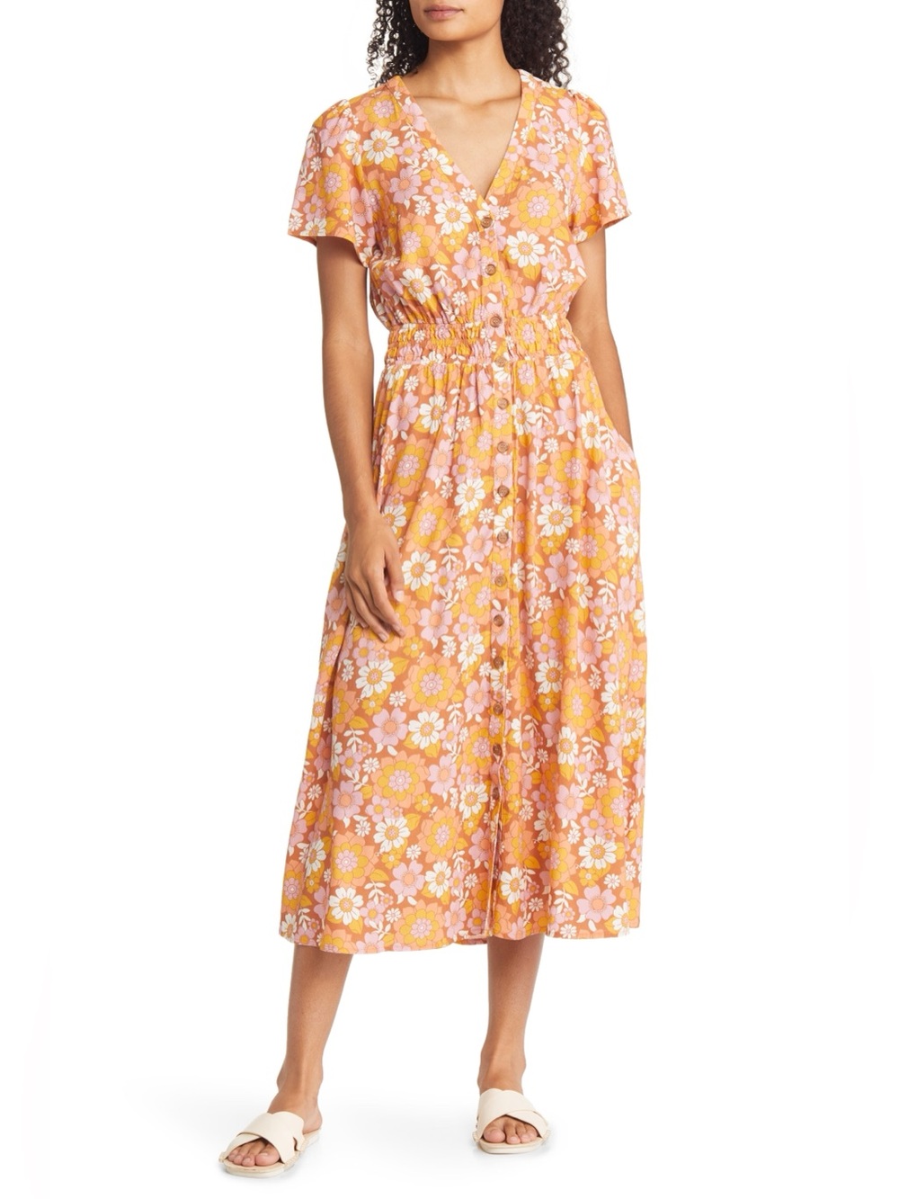 Marine Layer Annika Smocked Floral Midi Dress Amber Brown Medium - Picture 5 of 16